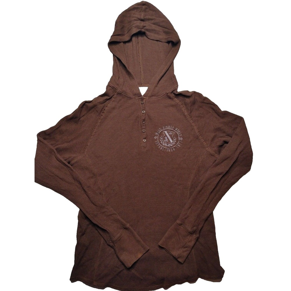 VTG Walt Disney World Woman 2XL Brown Embroidered Crest Thermal Henley Hoodie